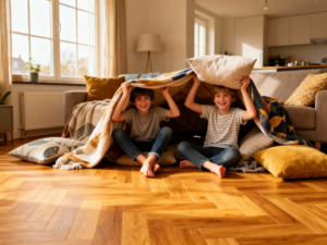 Kinderen spelen op de vloer met vloerverwarming